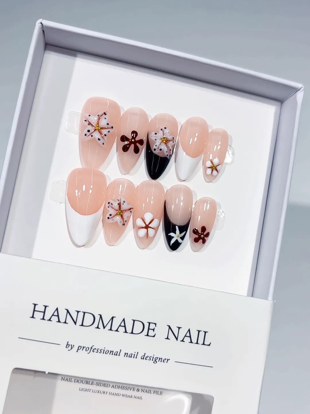 Nude Black White Brown Gold French tip Flower Star press on nails
