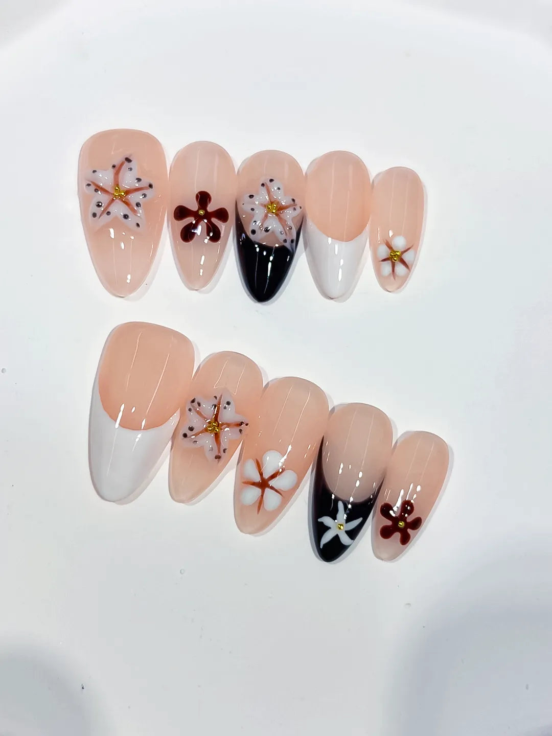 Nude Black White Brown Gold French tip Flower Star press on nails close up