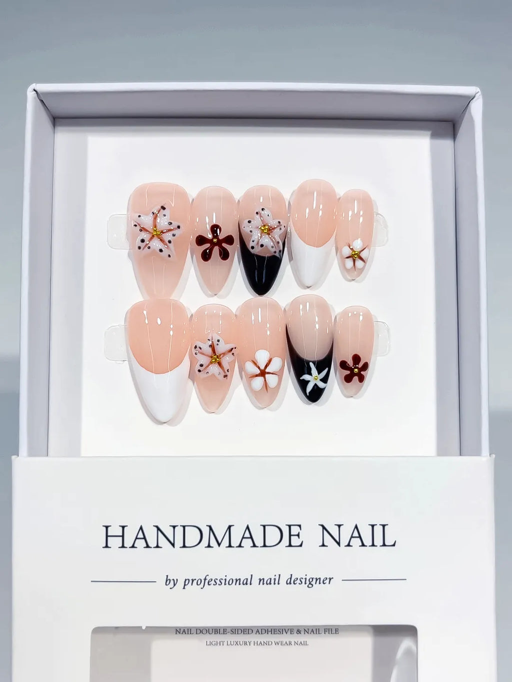 Nude Black White Brown Gold French tip Flower Star press on nails full set view