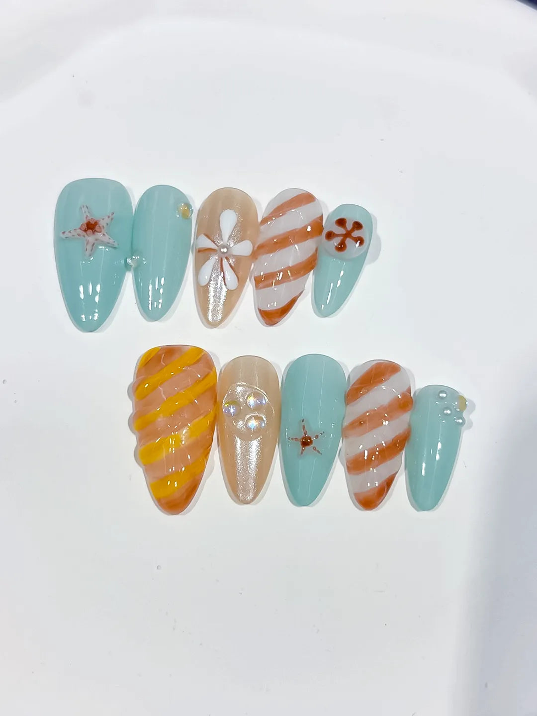 Green Nude Yellow Orange White Abstract Flower Star press on nails detail view