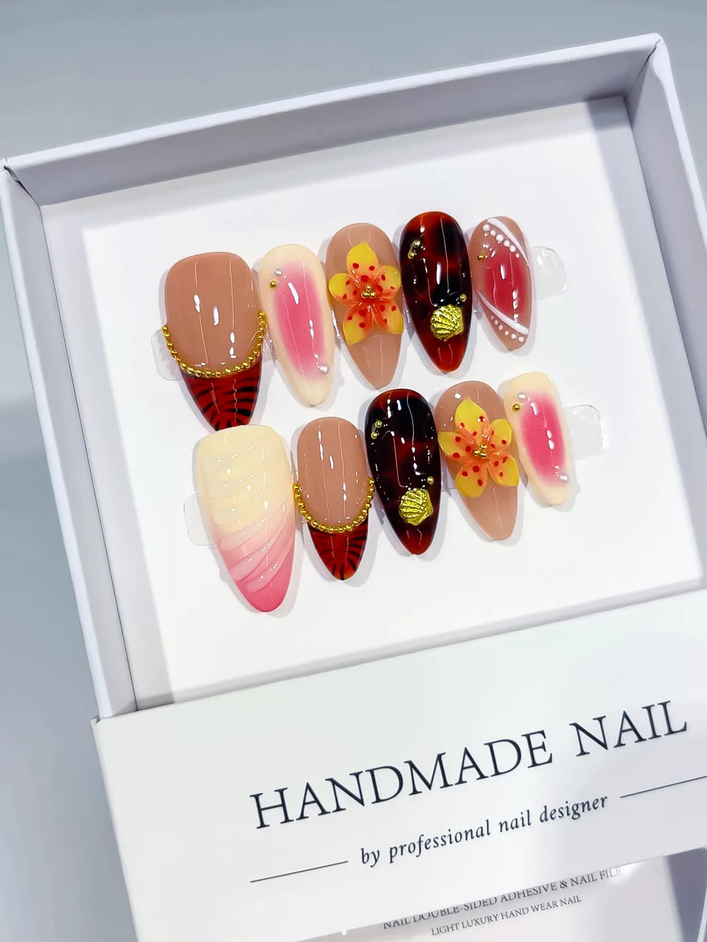 Nude Pink Red Yellow Gold Abstract Flower Plaid Metallic Charm press on nails angled view