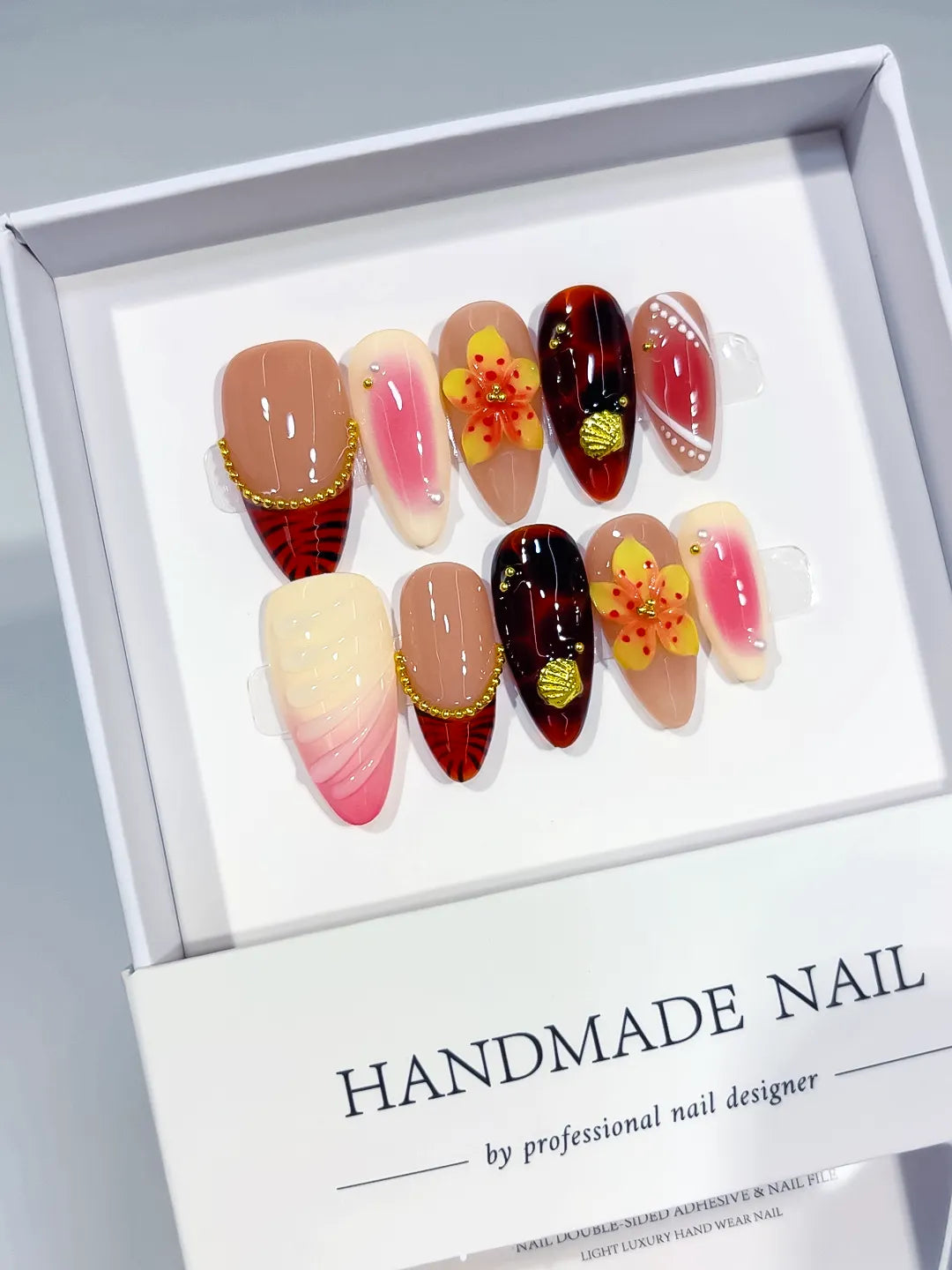 Nude Pink Red Yellow Gold Abstract Flower Plaid Metallic Charm press on nails angled view