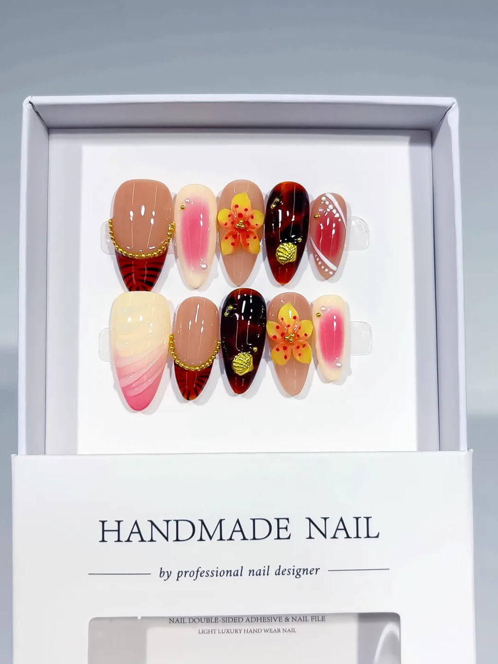 Nude Pink Red Yellow Gold Abstract Flower Plaid Metallic Charm press on nails full set view