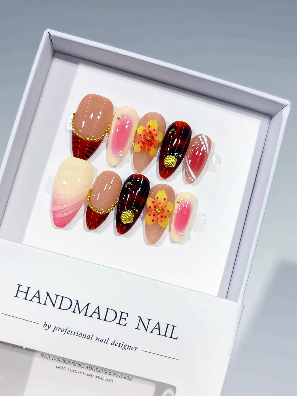 Nude Pink Red Yellow Gold Abstract Flower Plaid Metallic Charm press on nails