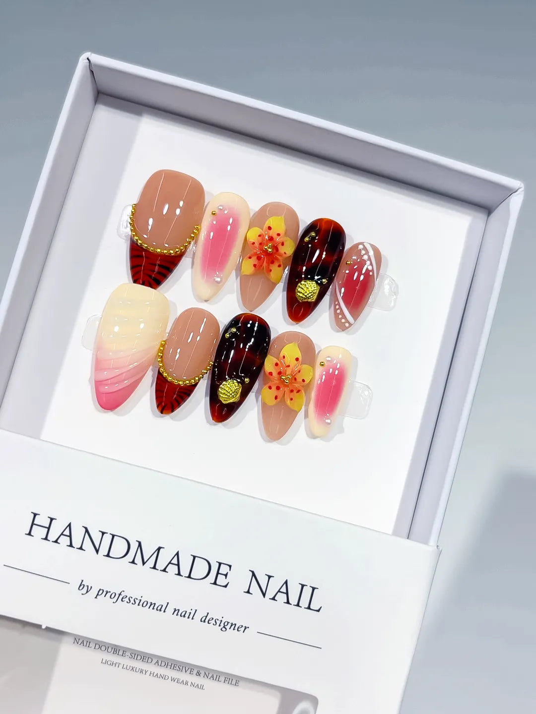 Nude Pink Red Yellow Gold Abstract Flower Plaid Metallic Charm press on nails