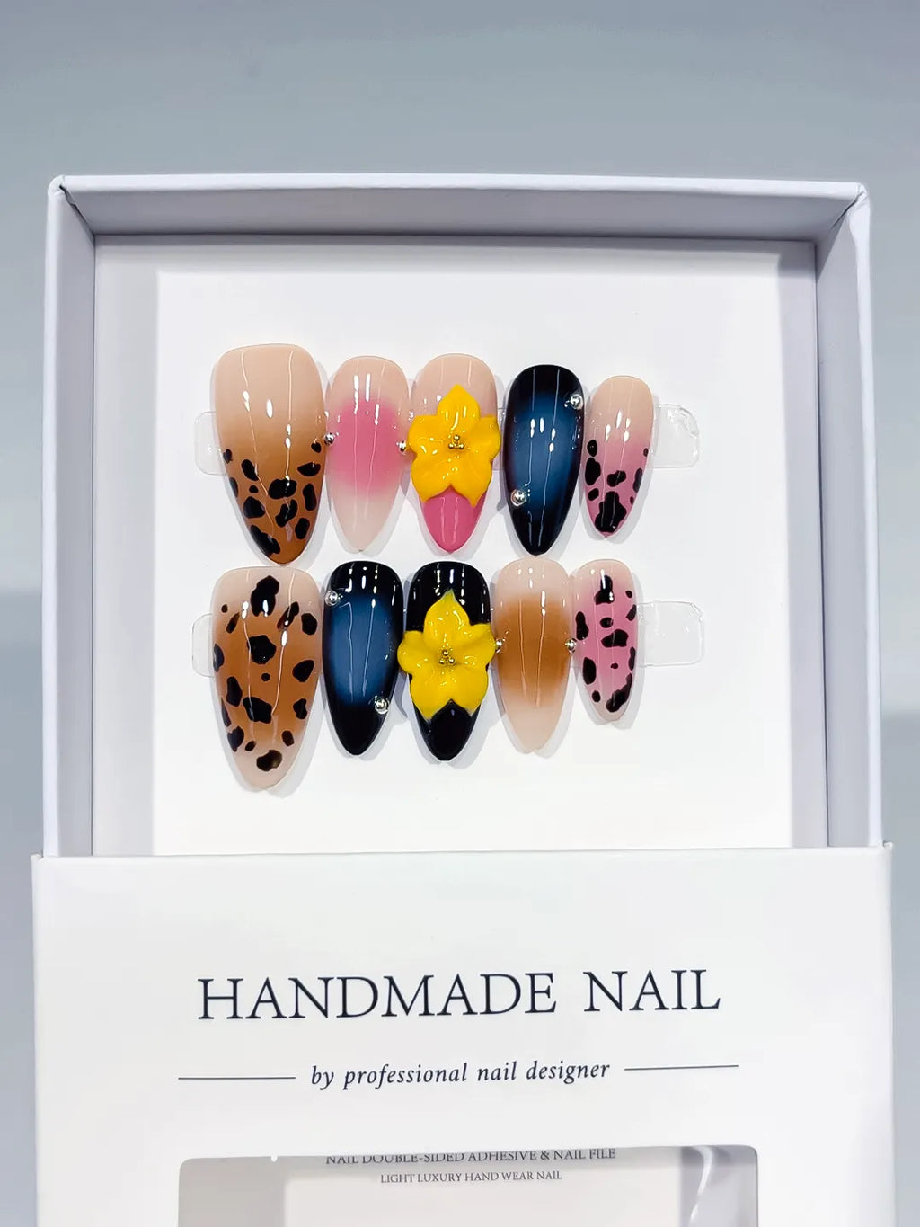 Nude Brown Pink Blue Black Abstract Flower Animal Print press on nails full set view