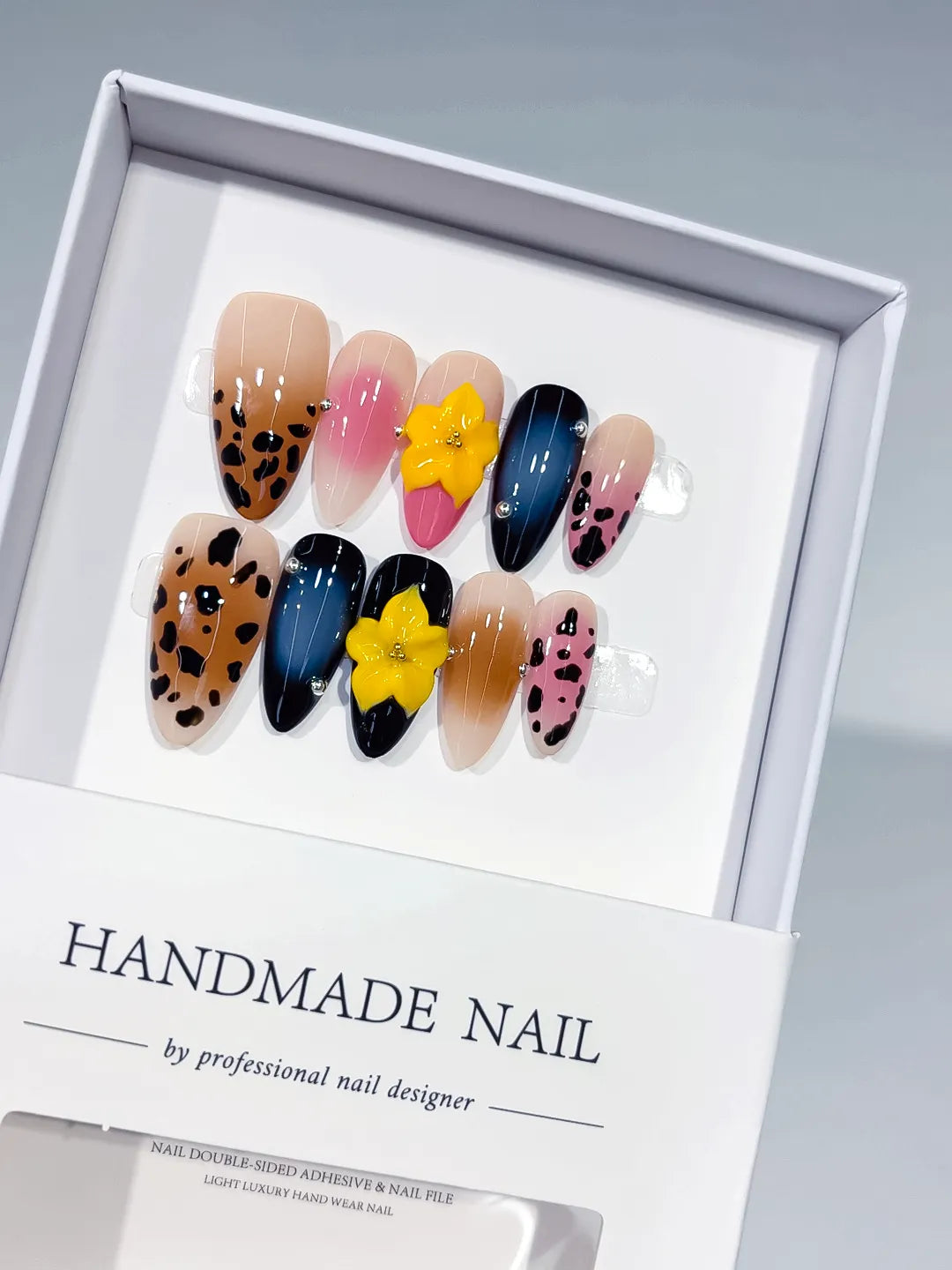 Nude Brown Pink Blue Black Abstract Flower Animal Print press on nails