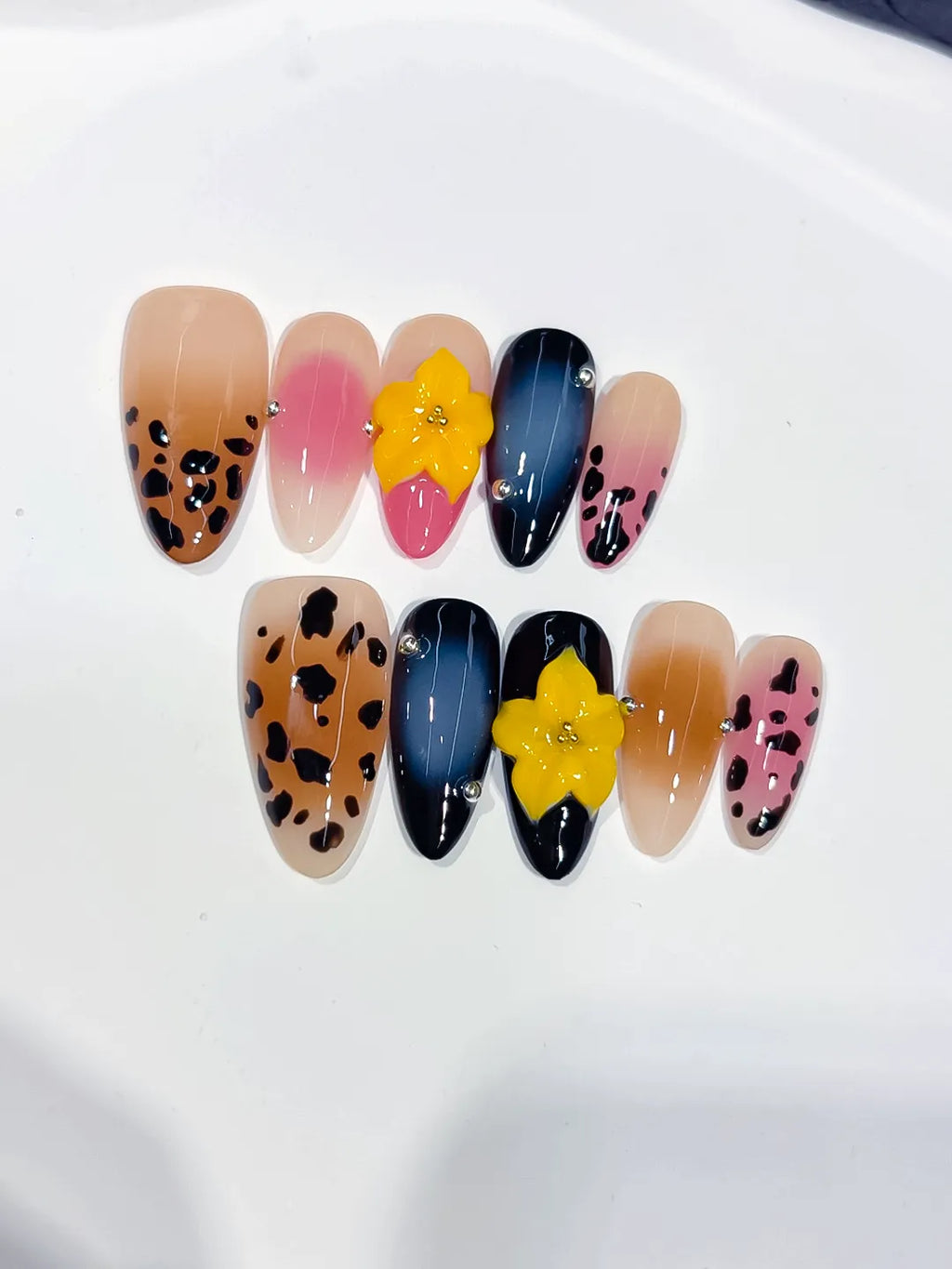 Nude Brown Pink Blue Black Abstract Flower Animal Print press on nails detail view