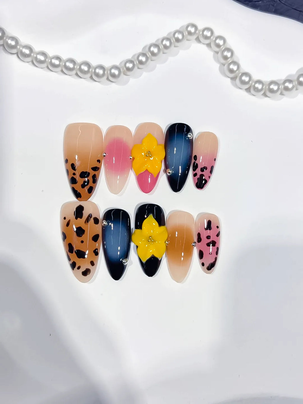 Nude Brown Pink Blue Black Abstract Flower Animal Print press on nails detail view