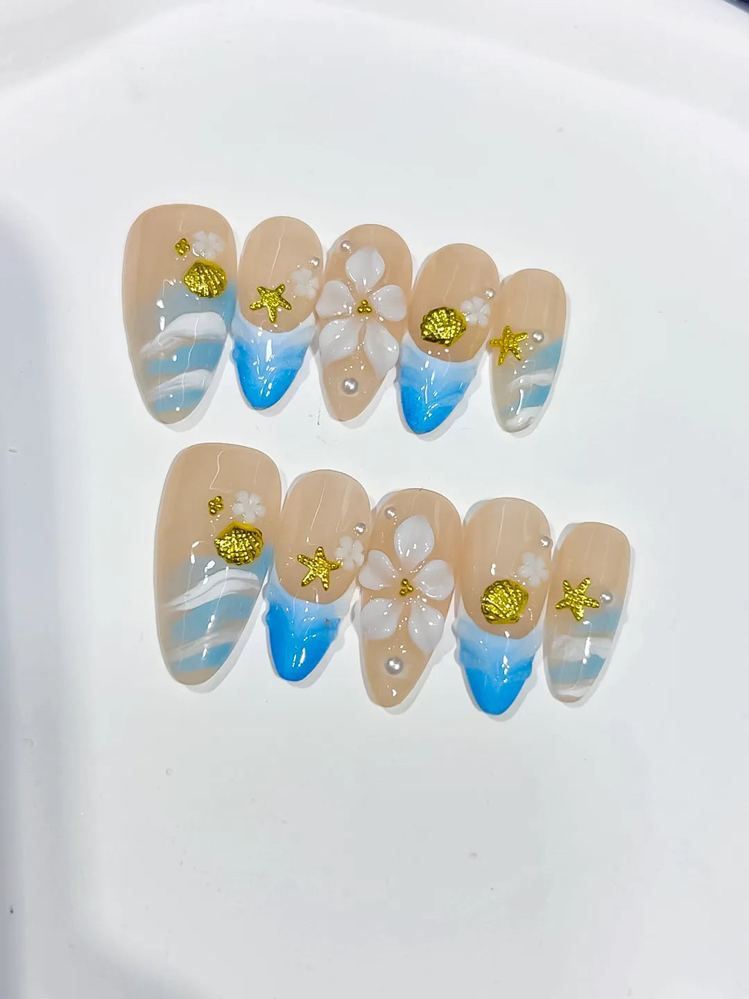 Nude Blue White Gold French tip Flower Star Shell press on nails detail view