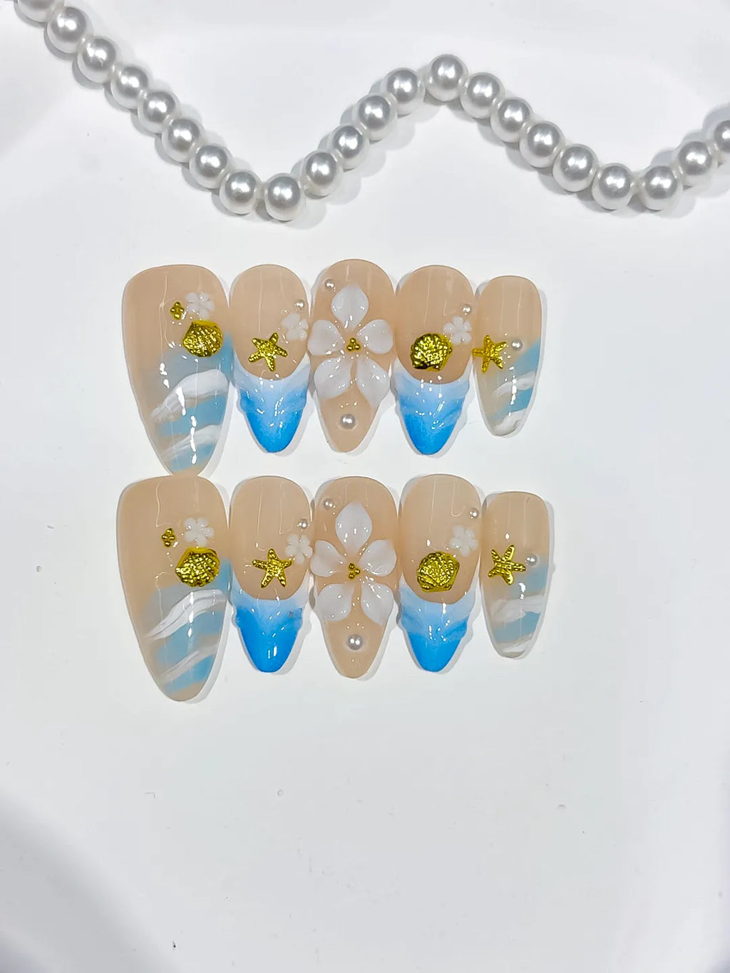 Nude Blue White Gold French tip Flower Star Shell press on nails detail view