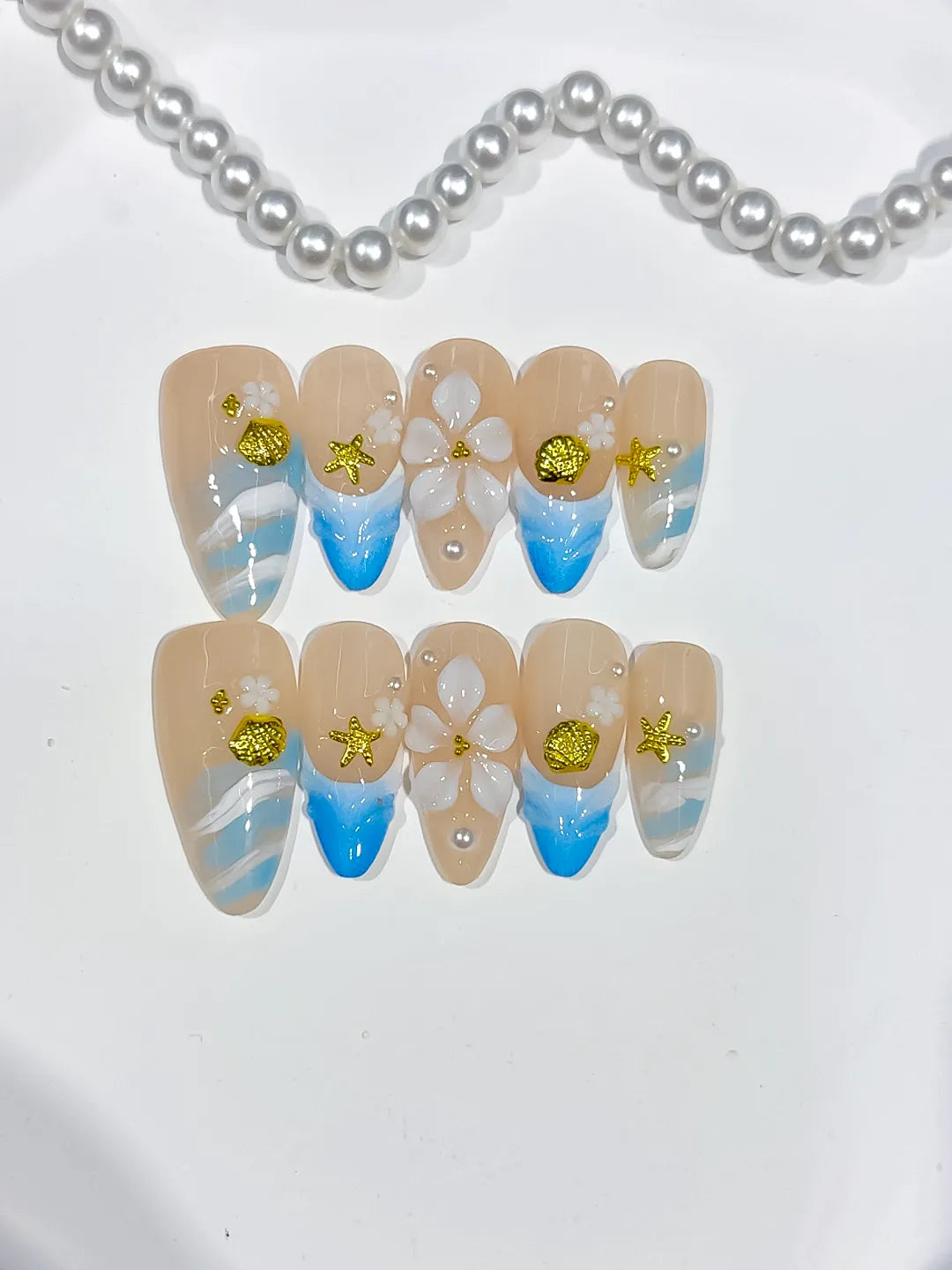 Nude Blue White Gold French tip Flower Star Shell press on nails detail view