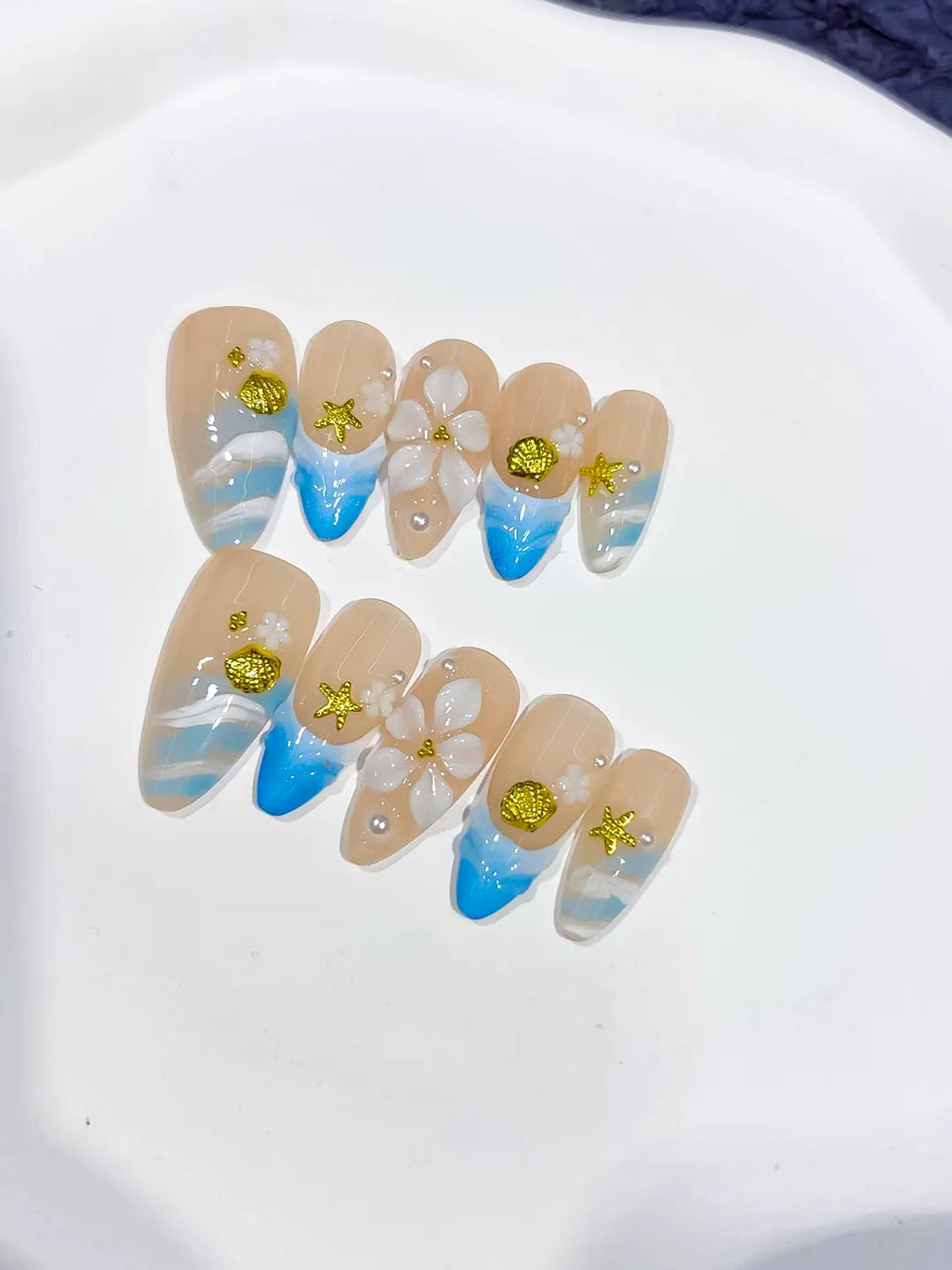 Nude Blue White Gold French tip Flower Star Shell press on nails close up
