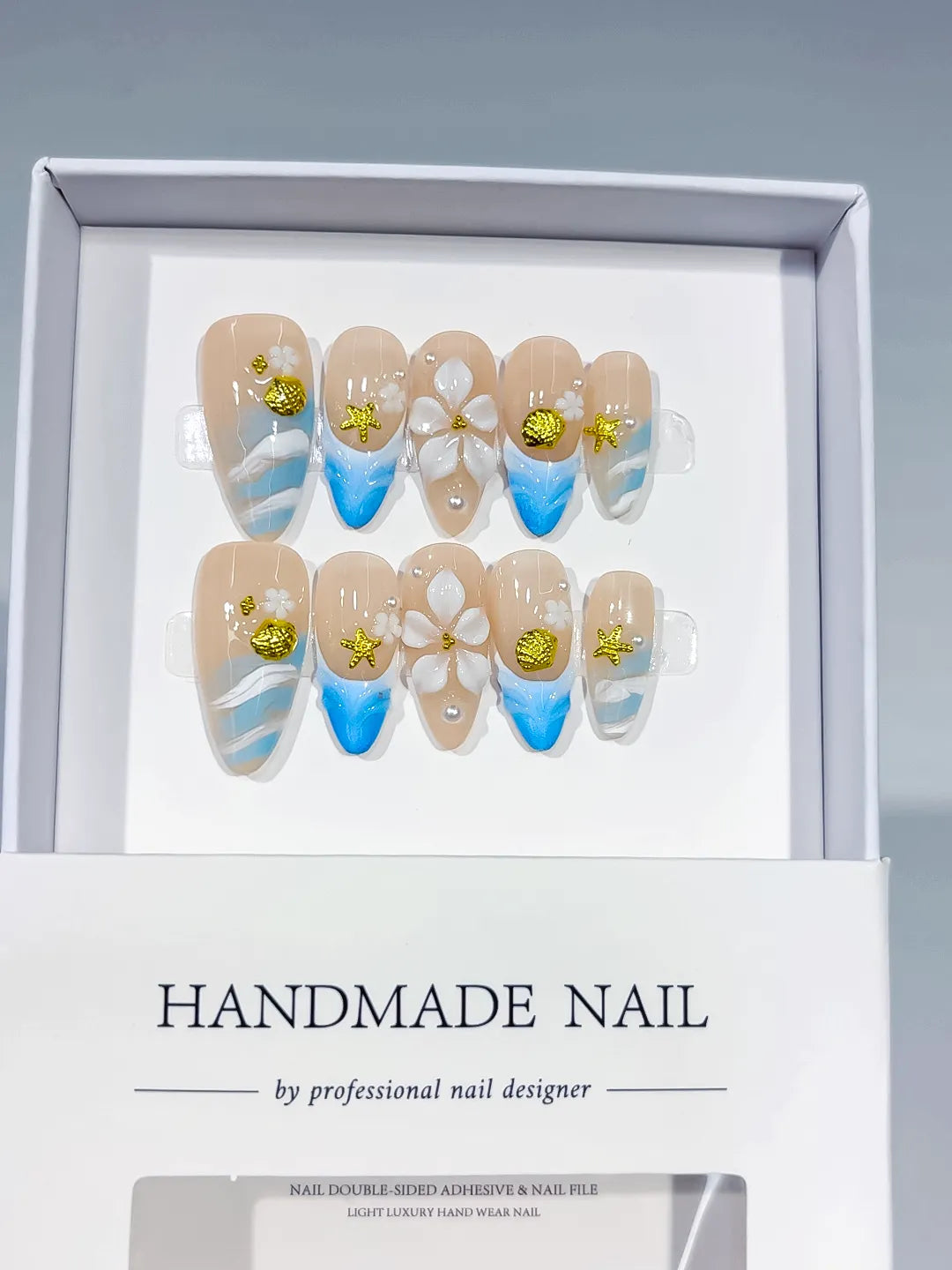 Nude Blue White Gold French tip Flower Star Shell press on nails full set view