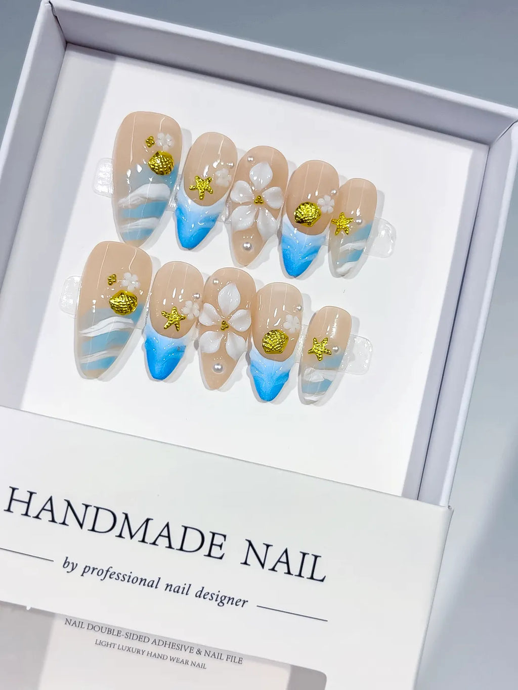 Nude Blue White Gold French tip Flower Star Shell press on nails