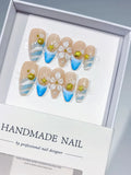 Nude Blue White Gold French tip Flower Star Shell press on nails