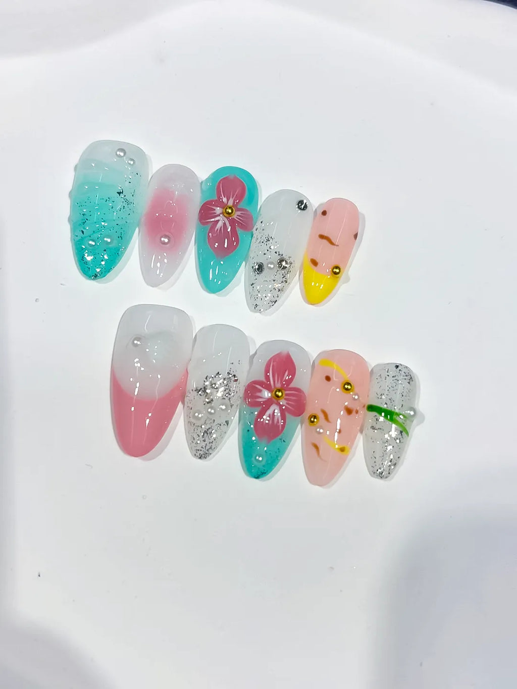 Pink Green White Silver Yellow Abstract Flower Glitter Fruit press on nails detail view