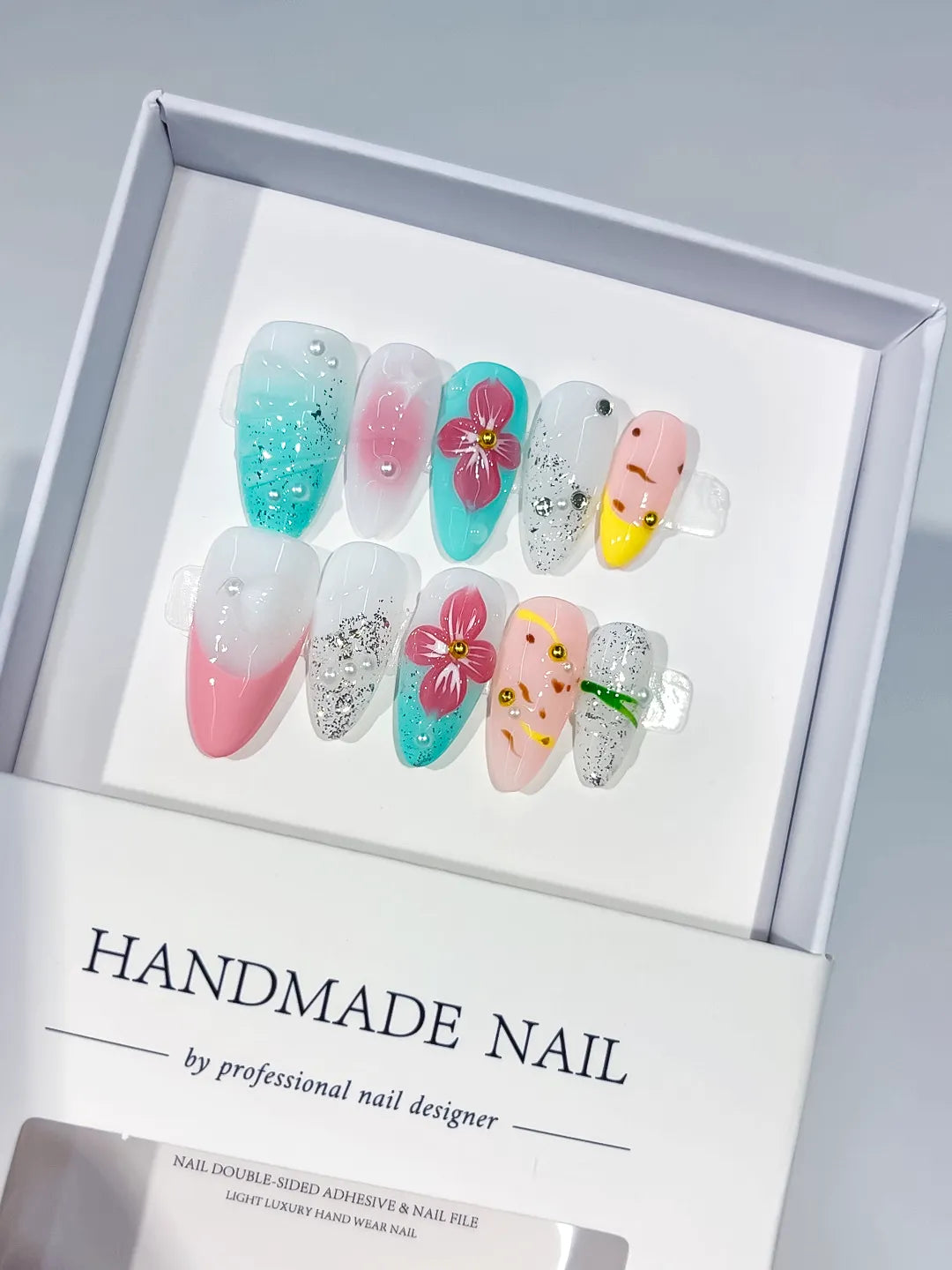 Pink Green White Silver Yellow Abstract Flower Glitter Fruit press on nails