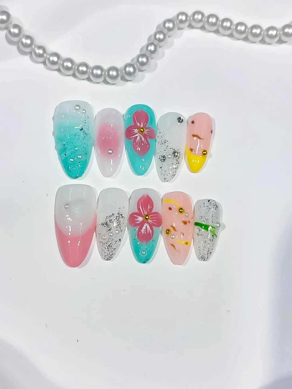 Pink Green White Silver Yellow Abstract Flower Glitter Fruit press on nails close up