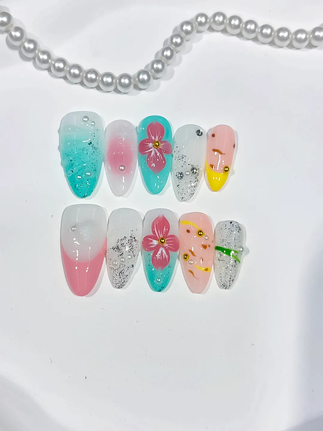 Pink Green White Silver Yellow Abstract Flower Glitter Fruit press on nails close up