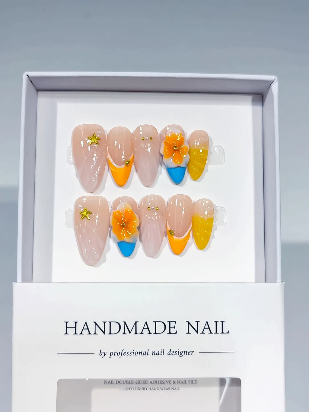 Nude Yellow Orange Blue French tip Flower Star press on nails full set view