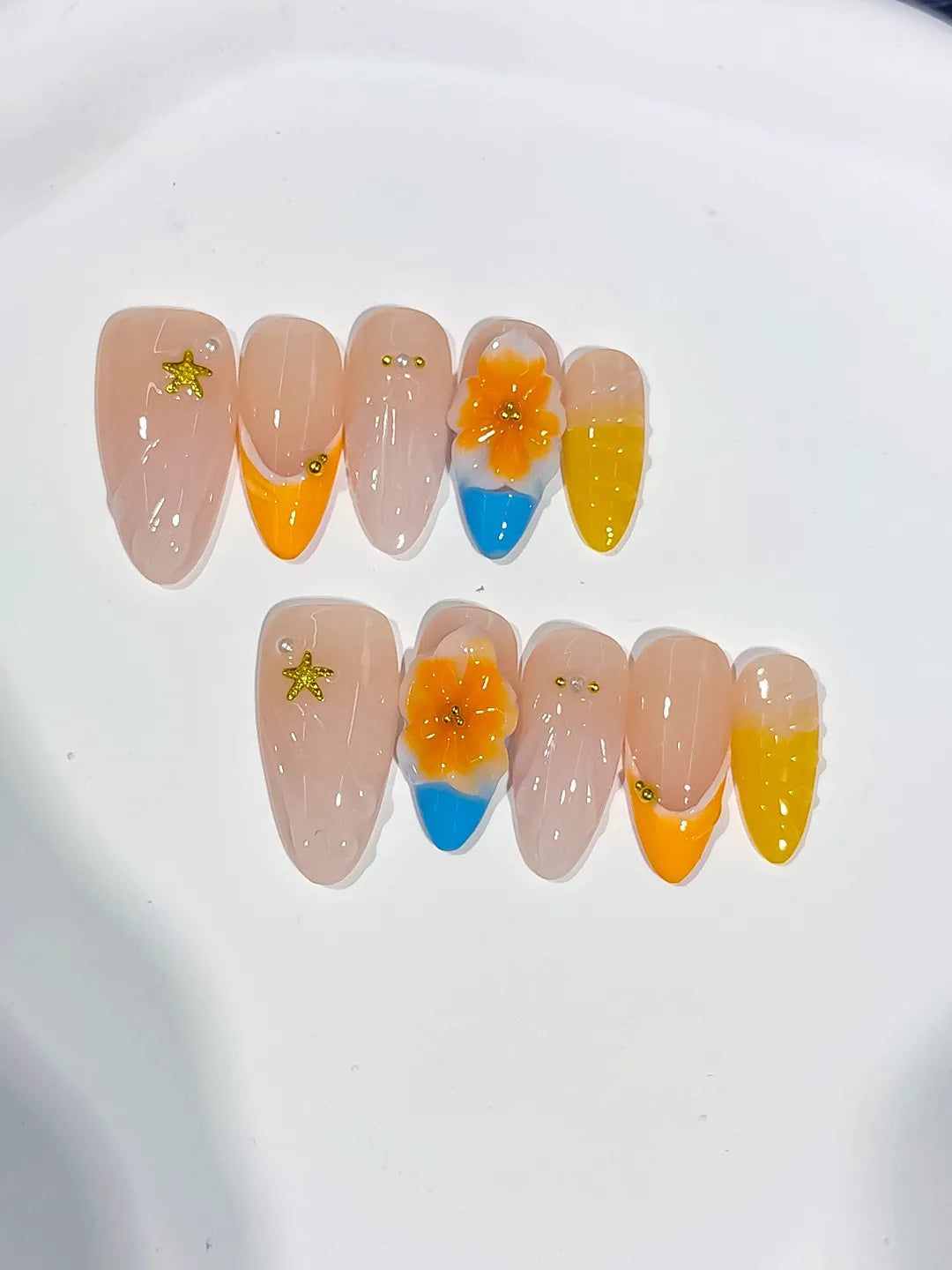 Nude Yellow Orange Blue French tip Flower Star press on nails detail view