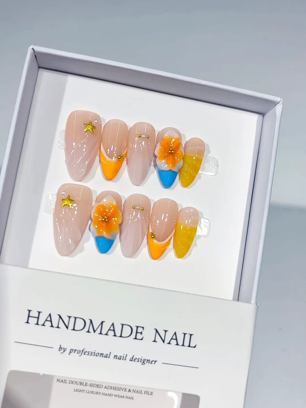 Nude Yellow Orange Blue French tip Flower Star press on nails