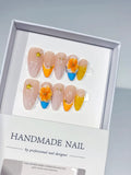 Nude Yellow Orange Blue French tip Flower Star press on nails