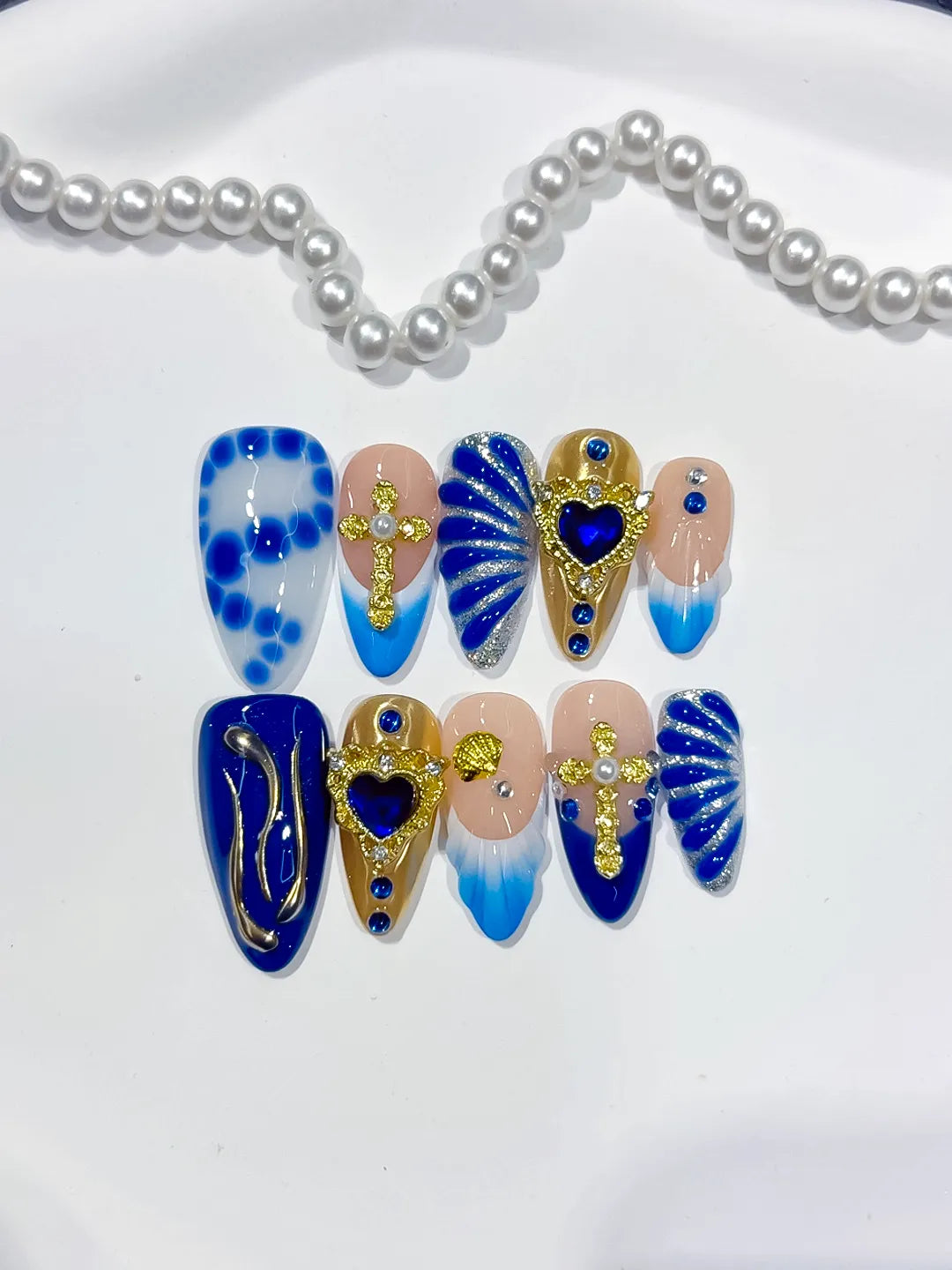 Nude Blue Gold Abstract Heart Shell Metallic Charm press on nails close up