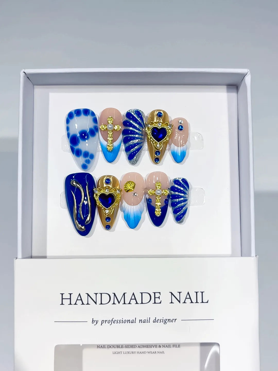 Nude Blue Gold Abstract Heart Shell Metallic Charm press on nails detail view