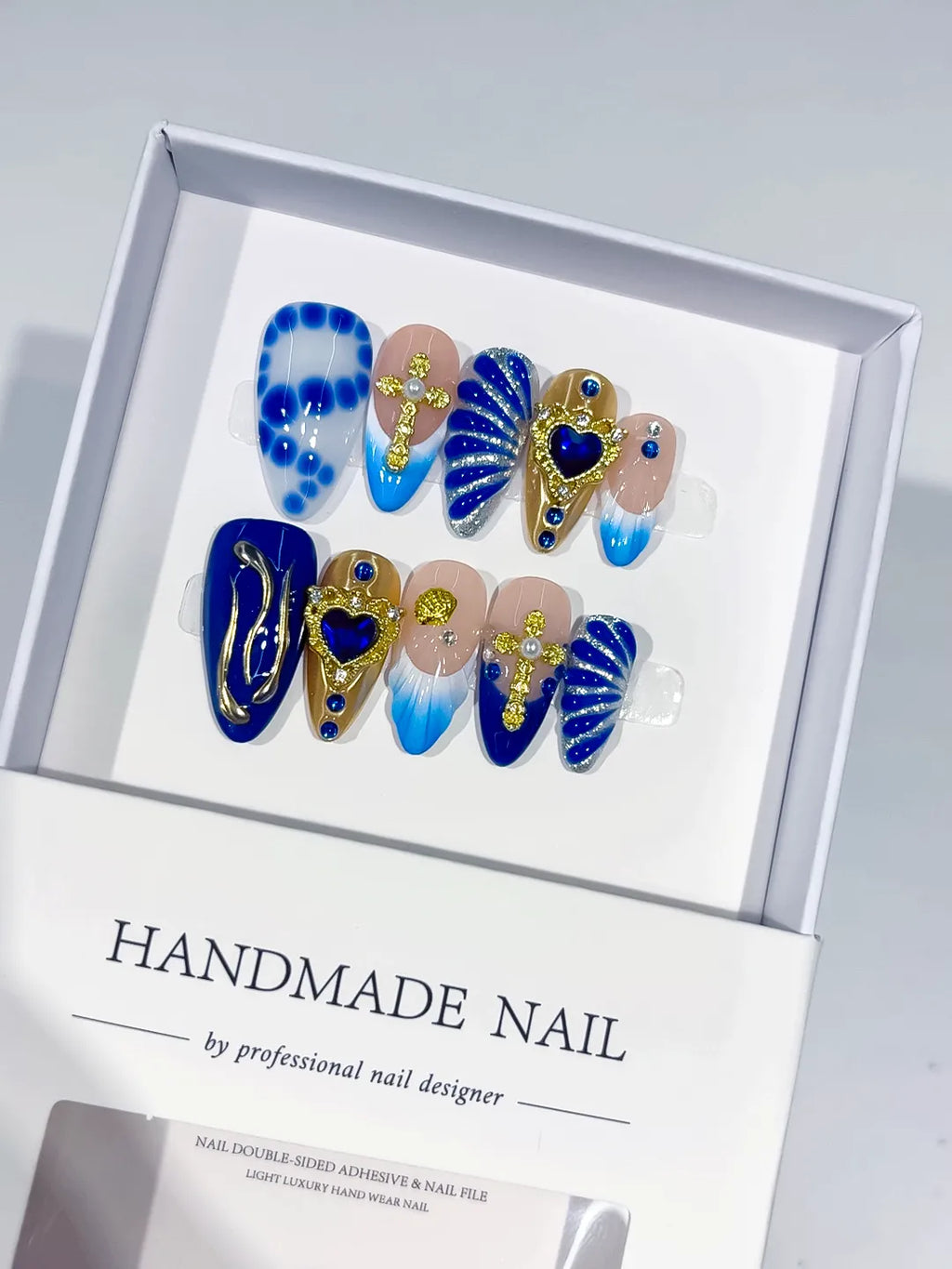 Nude Blue Gold Abstract Heart Shell Metallic Charm press on nails