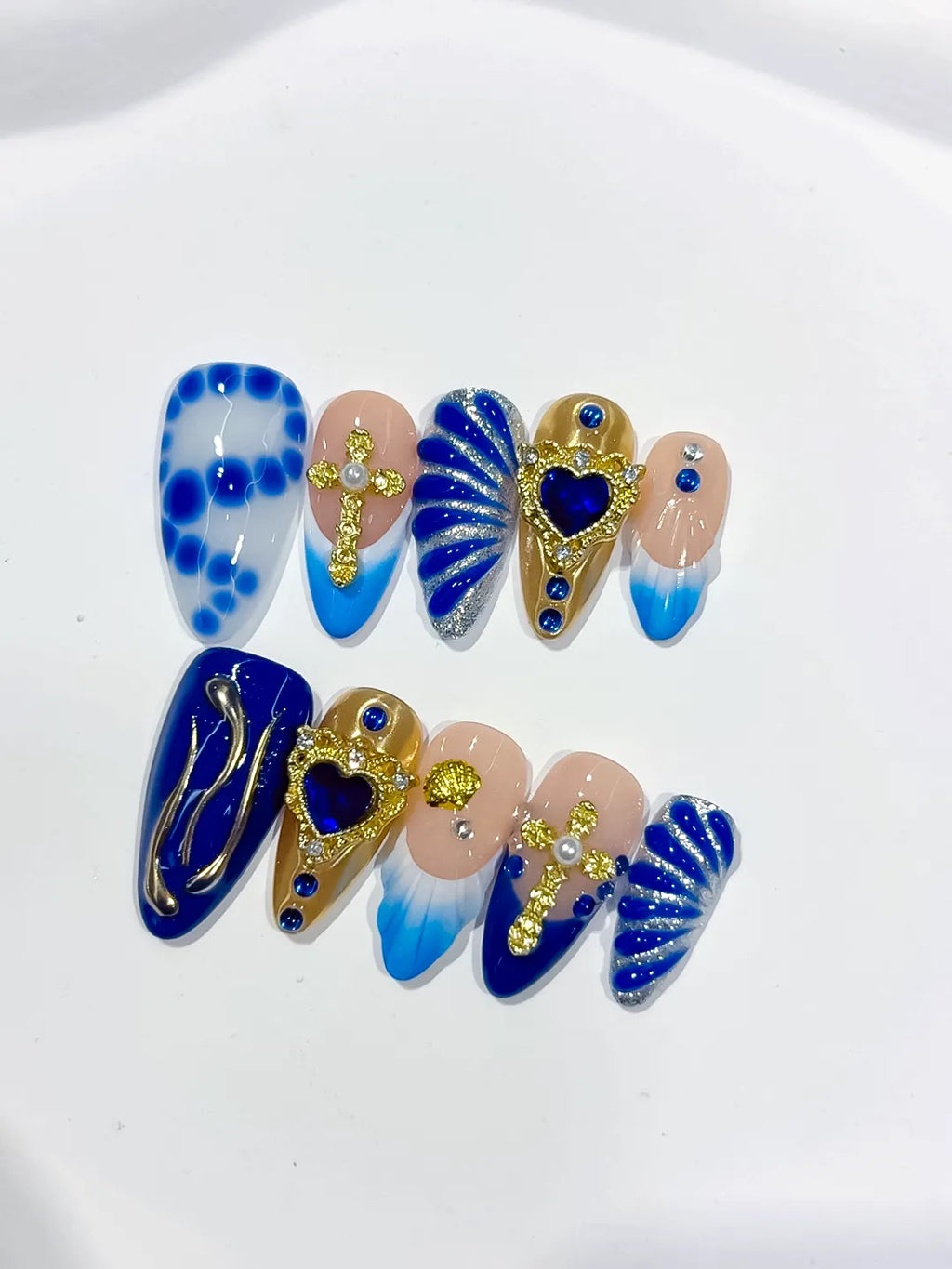 Nude Blue Gold Abstract Heart Shell Metallic Charm press on nails full set view