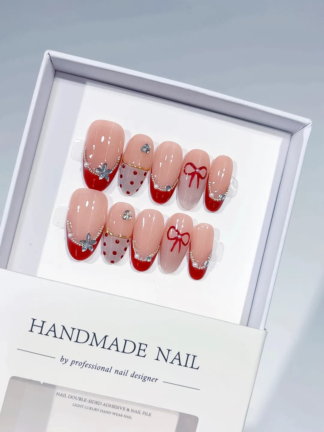 Nude Red Silver French tip Bow Polka Dot Butterfly press on nails