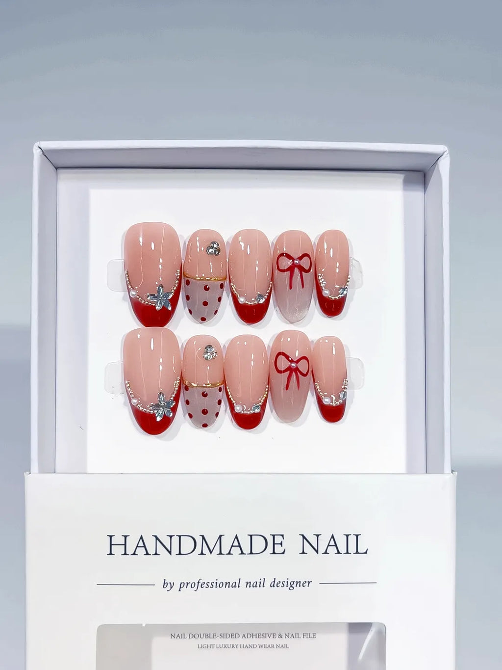 Nude Red Silver French tip Bow Polka Dot Butterfly press on nails full set view
