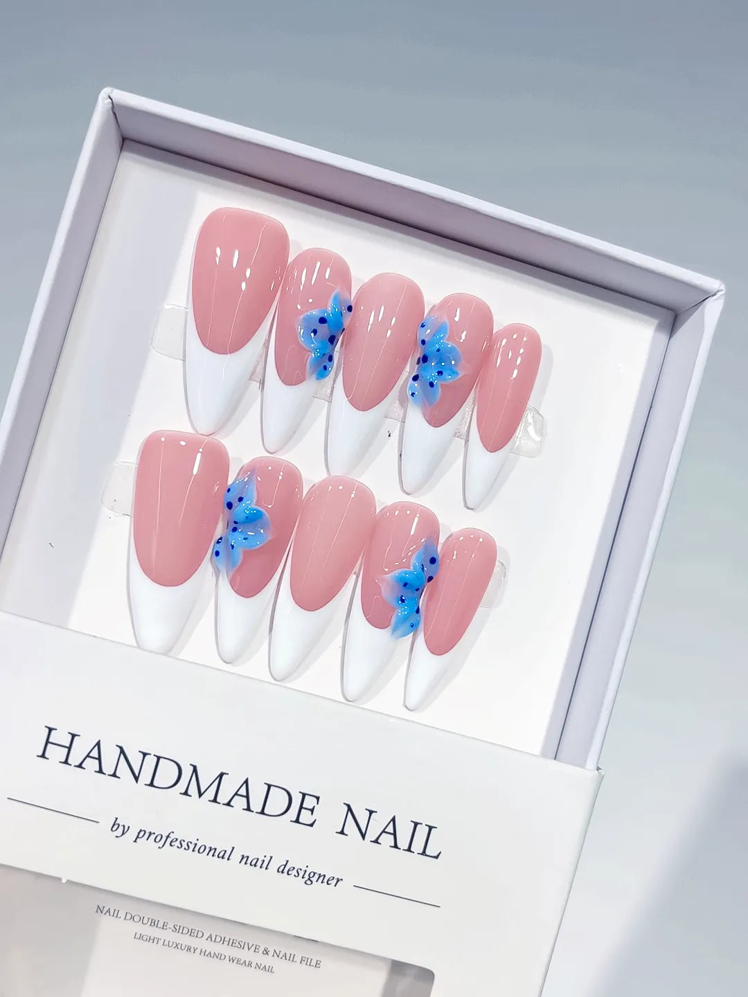 Pink White Blue French tip Flower press on nails