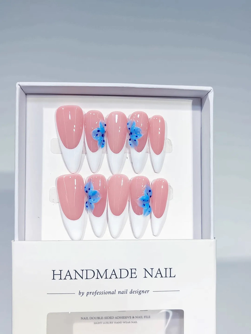 Pink White Blue French tip Flower press on nails full set view