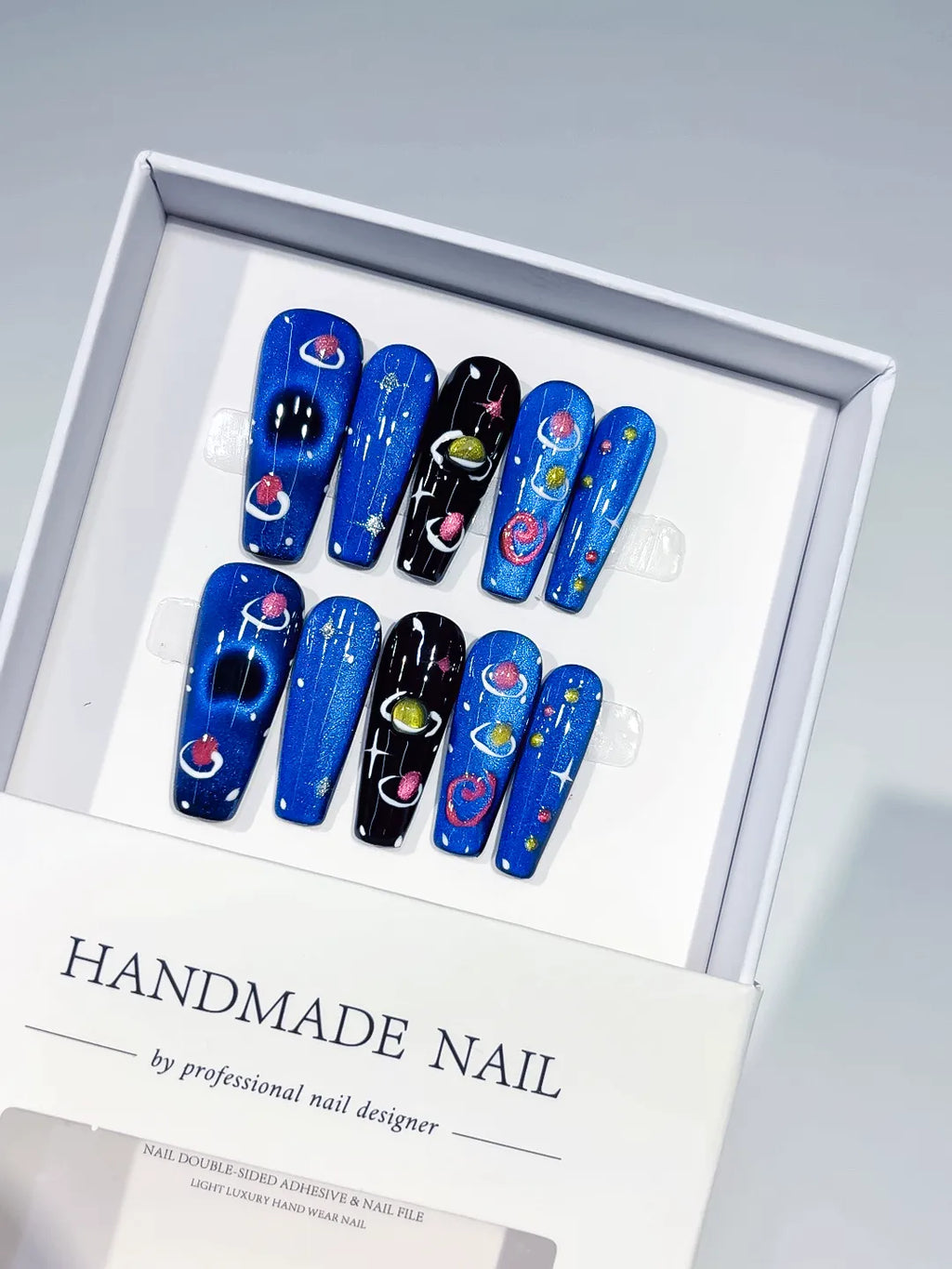Blue Black Multicolor Abstract Planet Star press on nails