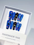 Blue Black Multicolor Abstract Planet Star press on nails