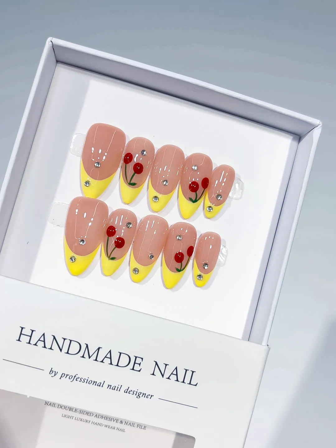 Nude Yellow Red French tip Cherry Rhinestone press on nails