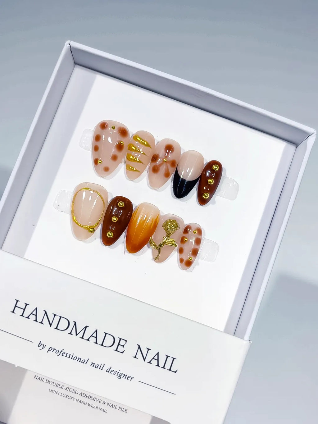 Nude Brown Gold Abstract Gold Line Gold Stud Floral press on nails