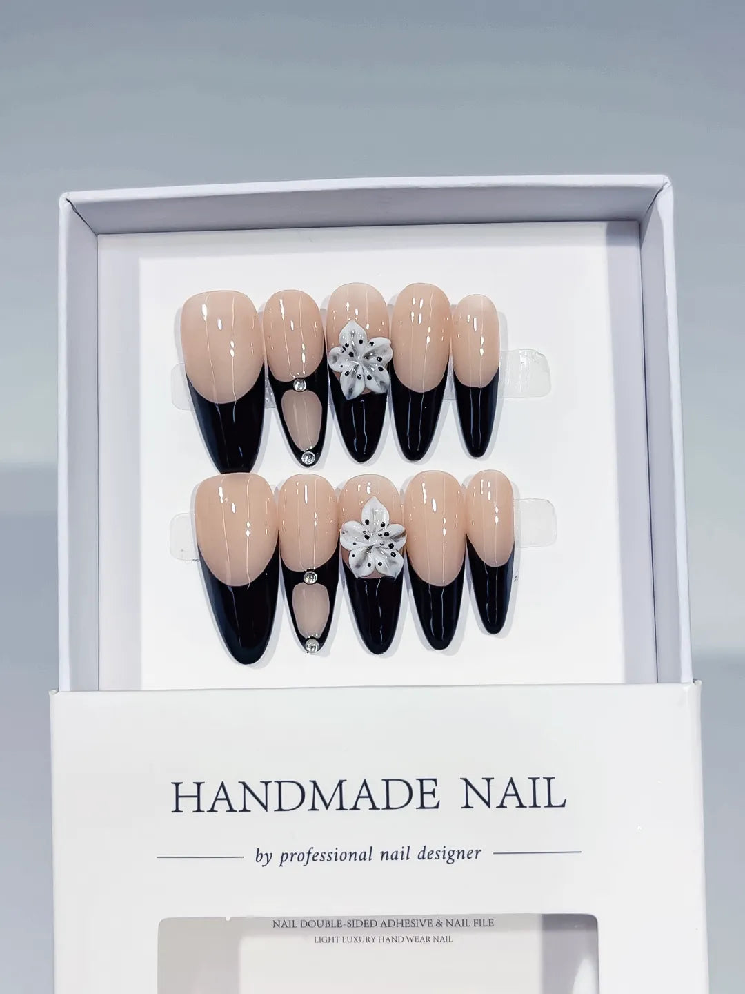 Nude Black White French tip Flower Rhinestone press on nails detail view