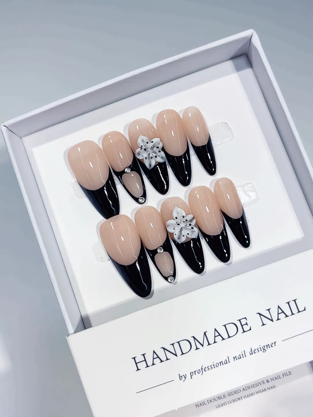Nude Black White French tip Flower Rhinestone press on nails full set view