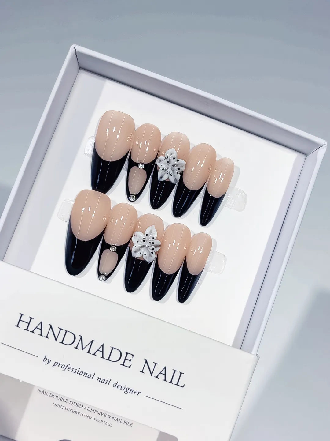 Nude Black White French tip Flower Rhinestone press on nails