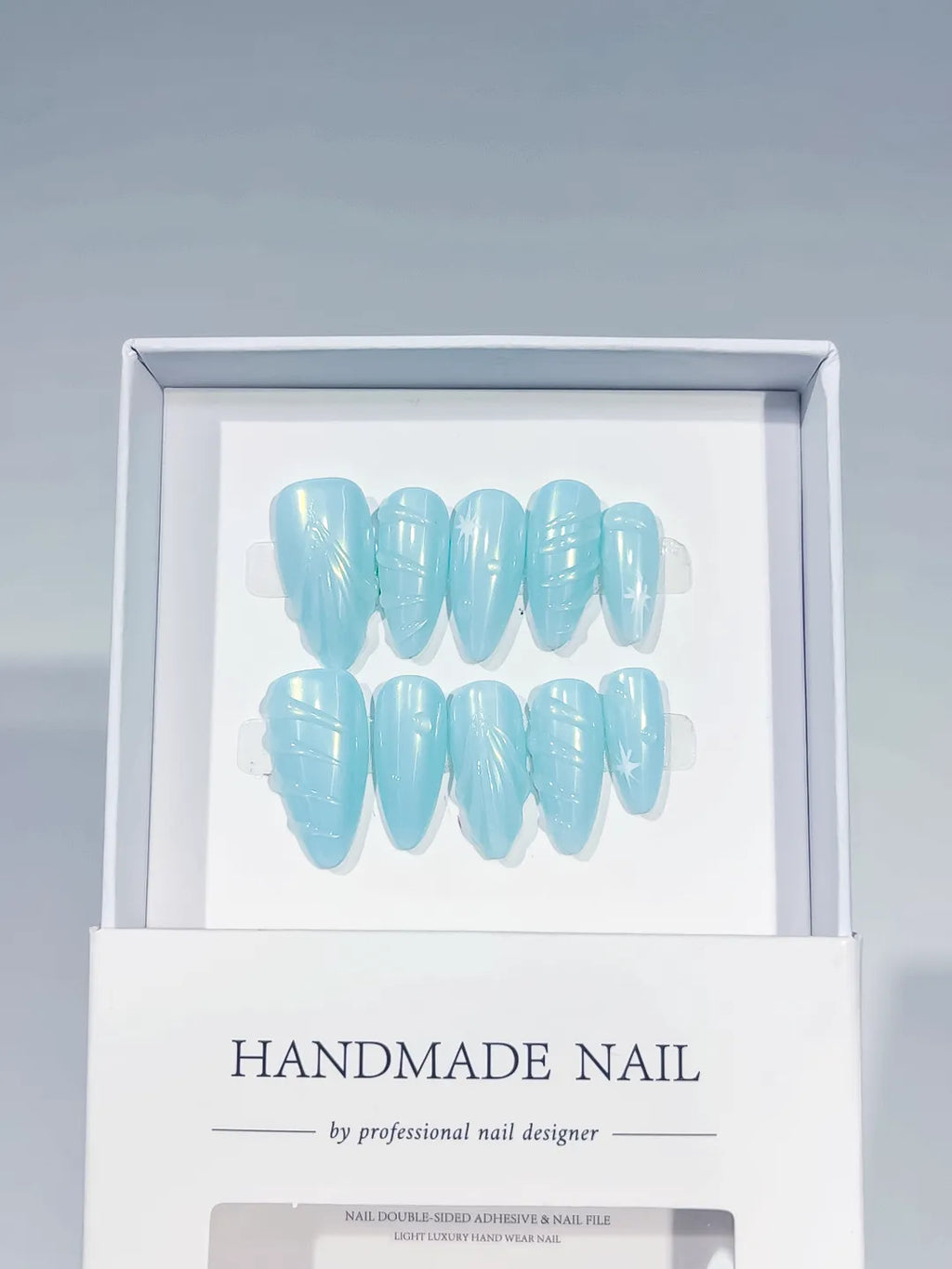 Blue Solid color Line Art press on nails full set view