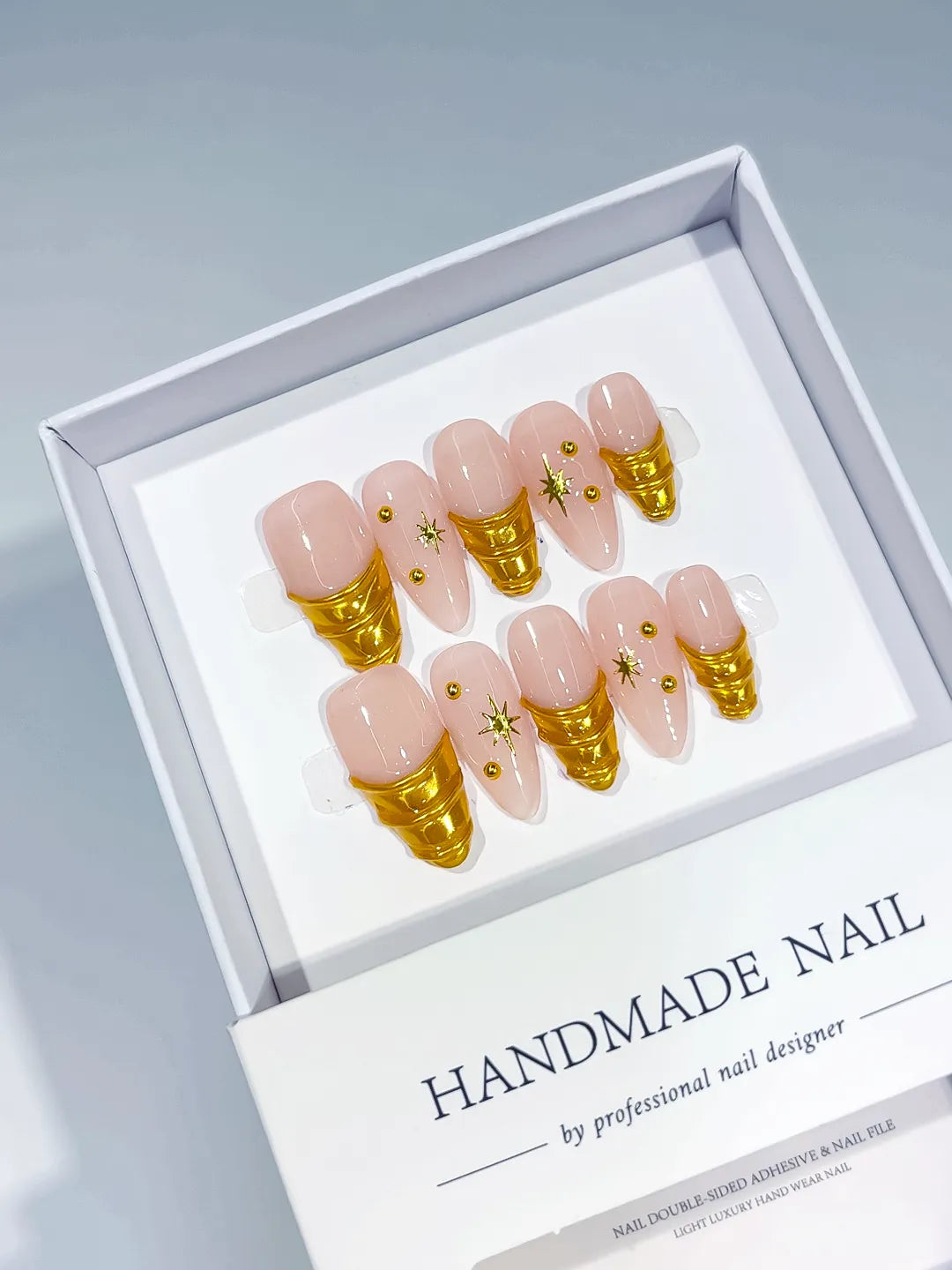 Nude Gold Metallic Star Gold Stud press on nails angled view