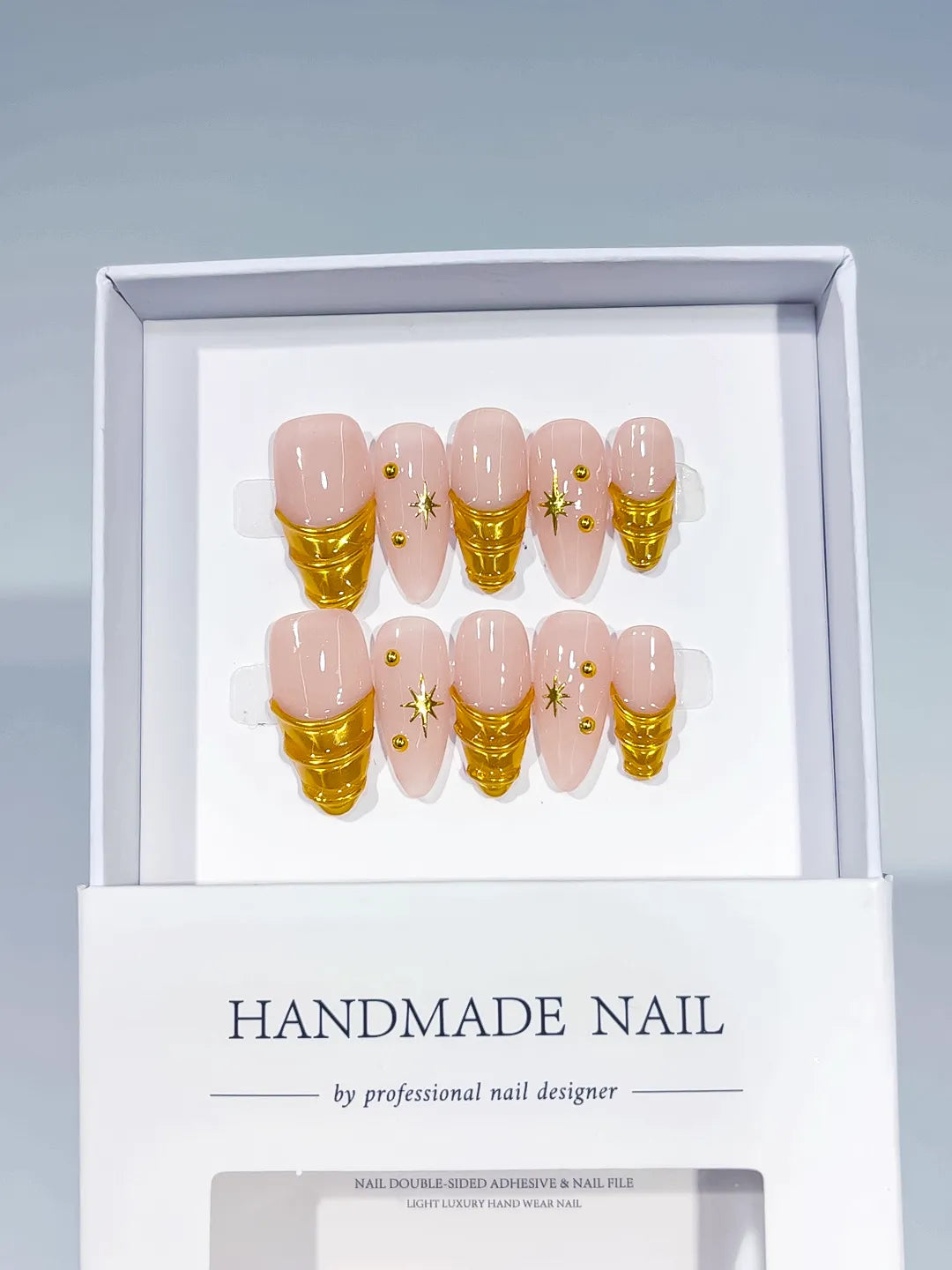 Nude Gold Metallic Star Gold Stud press on nails full set view