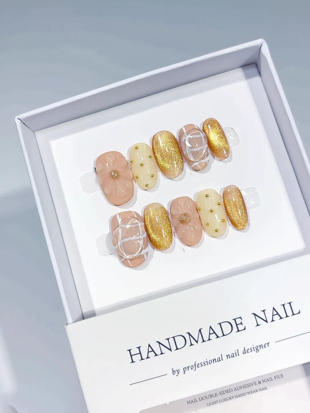 Nude White Gold Glitter Flower Stud press on nails full set view