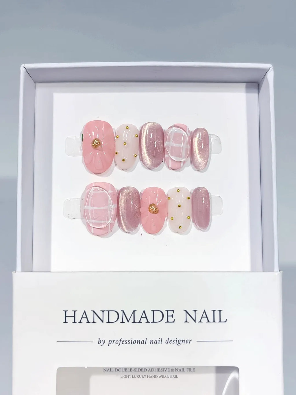 Pink White Silver Metallic Grid Pattern Stud press on nails angled view