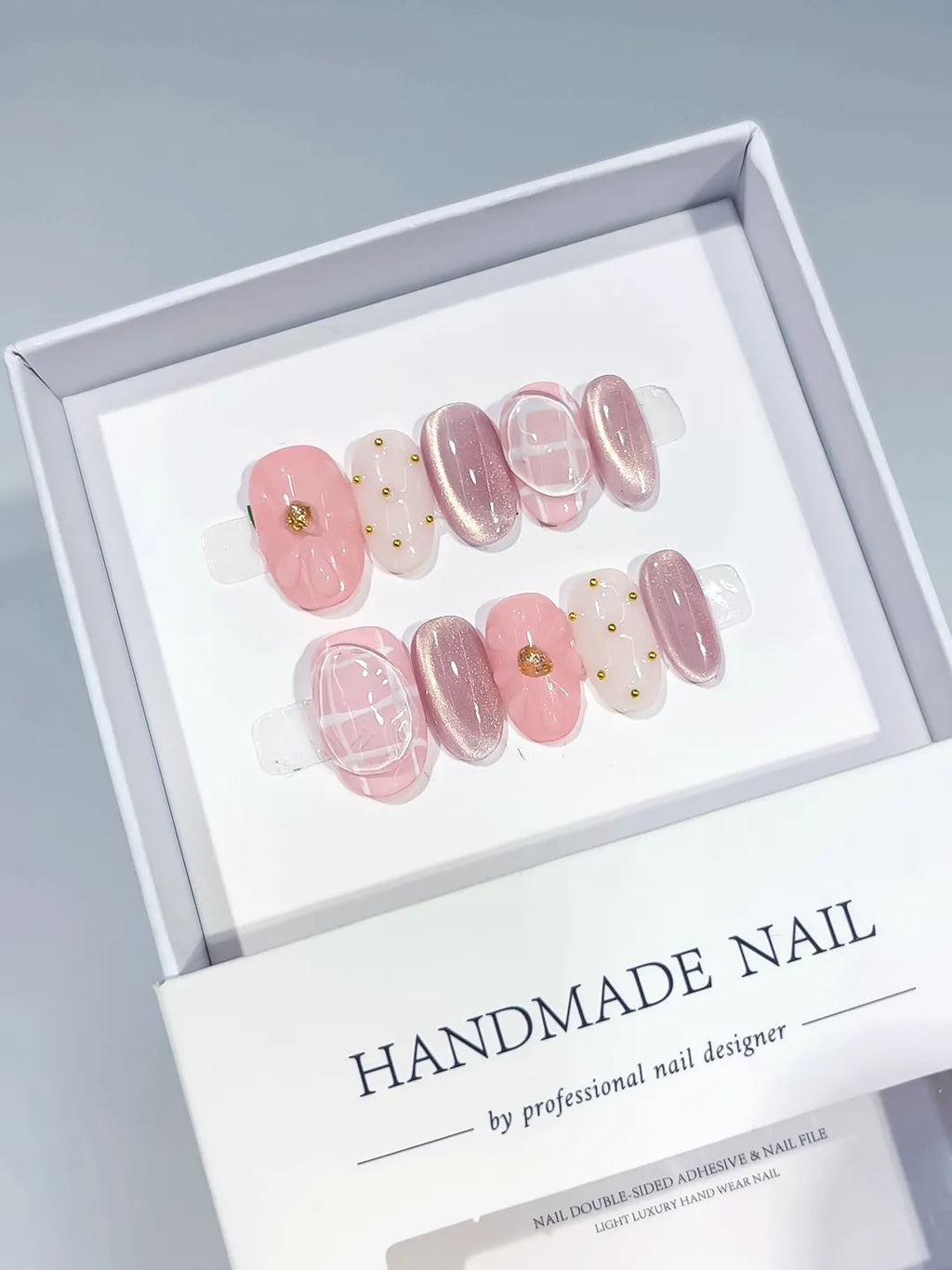 Pink White Silver Metallic Grid Pattern Stud press on nails full set view