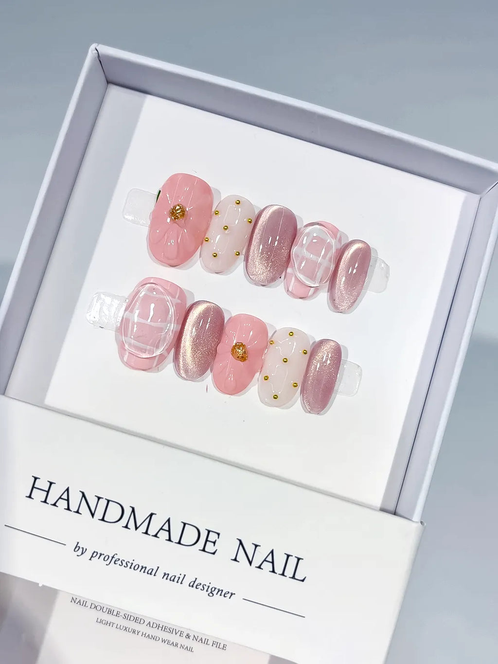 Pink White Silver Metallic Grid Pattern Stud press on nails